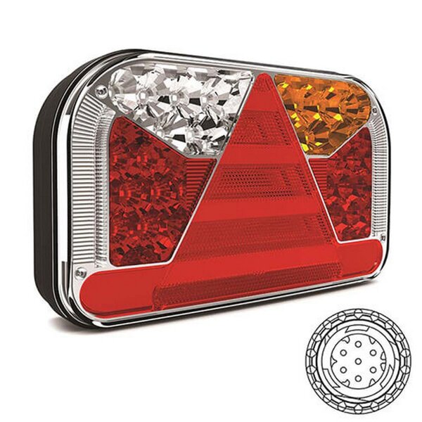 Fristom Rückleuchte LED links 7 PINs AMP-Stecker Bremslicht Blinkleuchte Kennzeichenleuchte Unterseite Nebellampe Rückfahrleuchte Neon-Rücklicht Länge Dreieick IP68 12/24 V Lavaflow