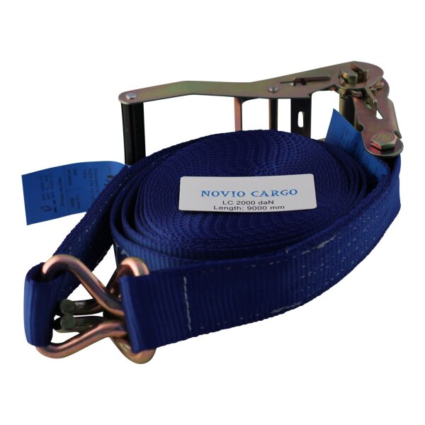 Novio Zurrgurt, 2-Teilig, mit Ratsche und doppelte Spitzhaken blau 50mm 9000mm novio cargo