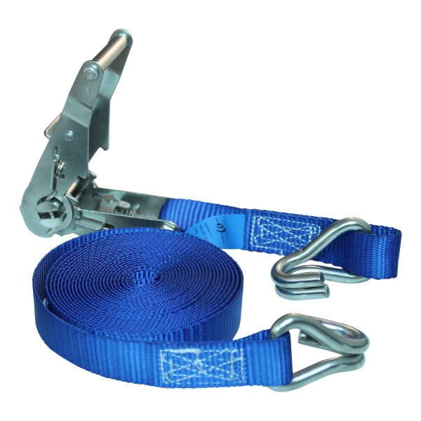 Novio Zurrgurt mit Ratsche und doppelspitzen Haken aus Rostfreier Stahl blau 25mm 5000mm novio cargo